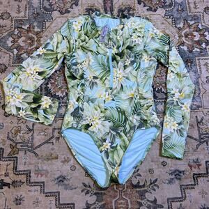 Tommy Bahama Paradise Fronds Long Sleeve Zip Front One Piece Swim Suit Size 4